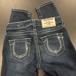 True Religion Rhinestone Logo Dark Wash Skinny Jeans